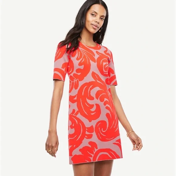 New With Tag Gorgeous Ann Taylor Fan Leaf Shift Sweater Vibrant Orange Dress